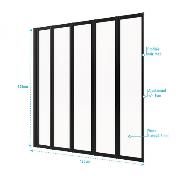 Pare Baignoire 5 Volets Pivotants - Profiles Noir Mat - Verre Transparent 4mm - Quintuple Black