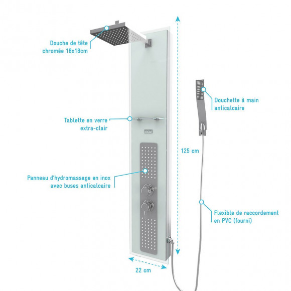 Colonne De Douche À Hyrdomassage - 22x125cm - En Verre Trempé Avec Plaque Inox - Alpha White