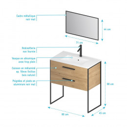 Ensemble Meuble De Salle De Bain - Chêne Naturel Avec Pieds Style Industriel - 2 Tiroirs - Mirroir