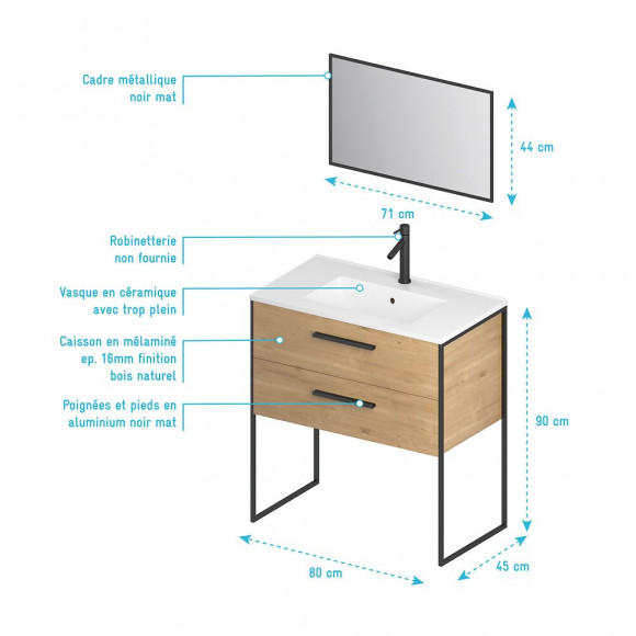 Ensemble Meuble De Salle De Bain - Chêne Naturel Avec Pieds Style Industriel - 2 Tiroirs - Mirroir