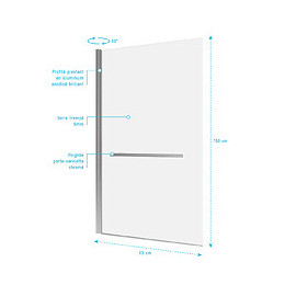 Pare Baignoire Pivotant 150x85cm Profile Aluminium Chrome Avec Verre Transparent Et Porte Serviette