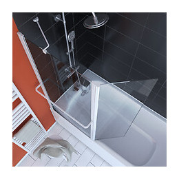Pare Baignoire Avec Volet Pivotant 130x105cm Profile Aluminium Laque Blanc Et Verre Transparent