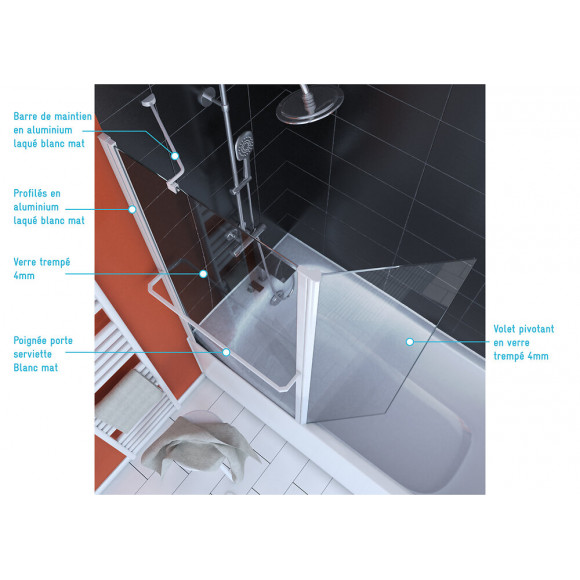Pare Baignoire Avec Volet Pivotant 130x105cm Profile Aluminium Laque Blanc Et Verre Transparent