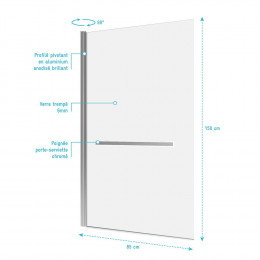 Pare Baignoire Pivotant 150x85cm Profile Aluminium Chrome Avec Verre Transparent Et Porte Serviette