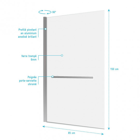 Pare Baignoire Pivotant 150x85cm Profile Aluminium Chrome Avec Verre Transparent Et Porte Serviette