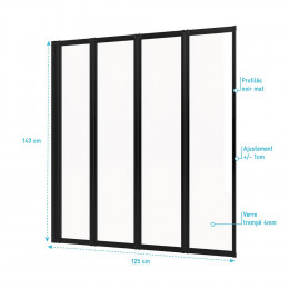Pare Baignoire 4 Volets Pivotants - Profiles Noir Mat - Verre Transparent 4mm - Tetra Black