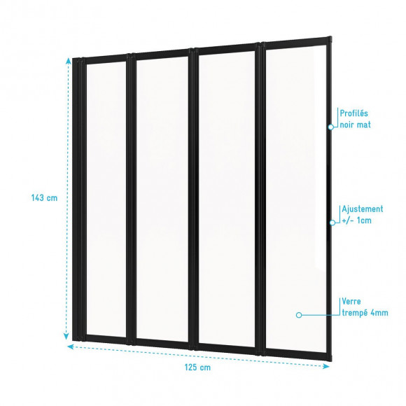 Pare Baignoire 4 Volets Pivotants - Profiles Noir Mat - Verre Transparent 4mm - Tetra Black