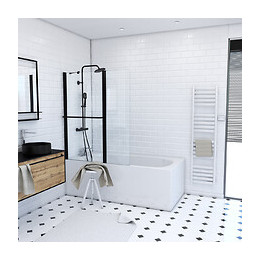 Pare Baignoire Avec Volet Pivotant 130x105cm Profile Aluminium Noir Mat Et Verre Transparent