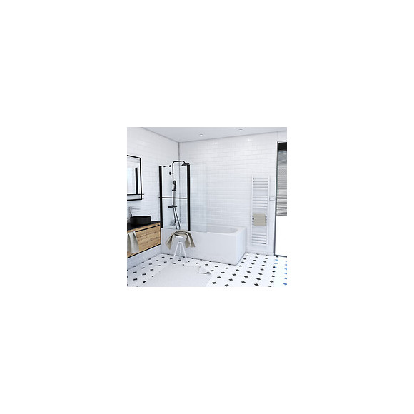 Pare Baignoire Avec Volet Pivotant 130x105cm Profile Aluminium Noir Mat Et Verre Transparent