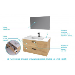 Meuble Salle De Bain 80 Cm Monte Suspendu Decor Bois H46xl80xp45cm - Avec Tiroirs - Vasque Et Miroir