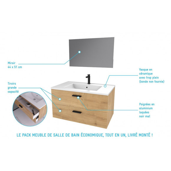 Meuble Salle De Bain 80 Cm Monte Suspendu Decor Bois H46xl80xp45cm - Avec Tiroirs - Vasque Et Miroir