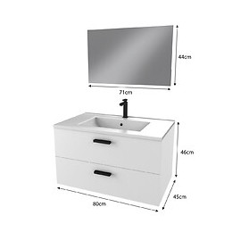 Meuble Salle De Bain 80 Cm Monte Suspendu Blanc H46xl80xp45cm - Avec Tiroirs - Vasque Et Miroir