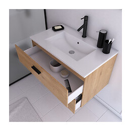 Meuble Salle De Bain 80 Cm Monte Suspendu Decor Bois H46xl80xp45cm - Avec Tiroirs - Vasque Et Miroir