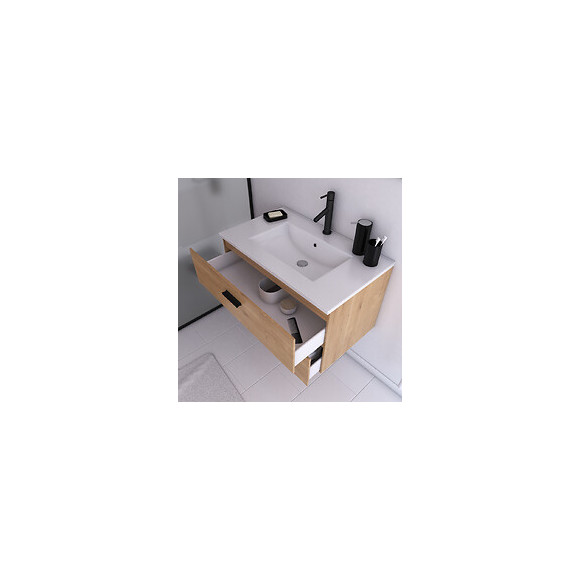 Meuble Salle De Bain 80 Cm Monte Suspendu Decor Bois H46xl80xp45cm - Avec Tiroirs - Vasque Et Miroir