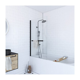 Pare Baignoire Pivotant 150x85 Profile Aluminium Noir Mat Avec Verre Transparent Et Porte Serviette
