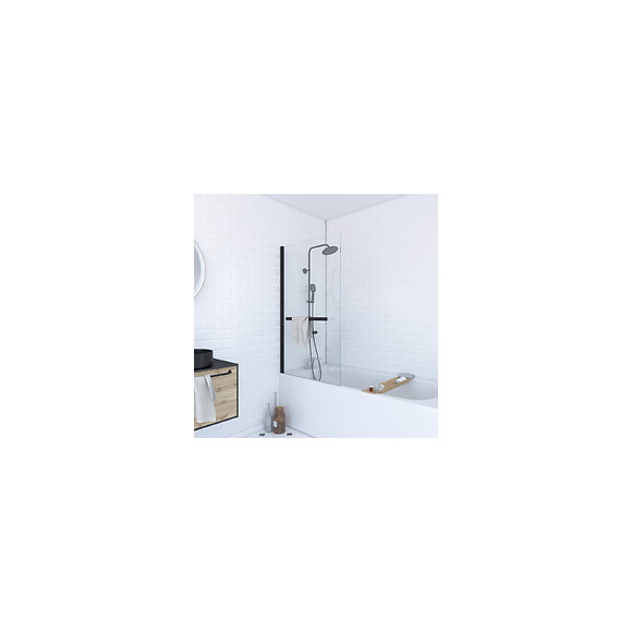 Pare Baignoire Pivotant 150x85 Profile Aluminium Noir Mat Avec Verre Transparent Et Porte Serviette