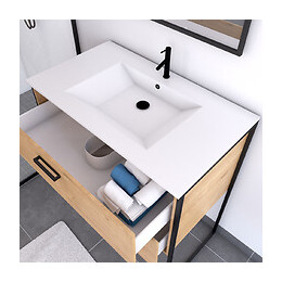 Ensemble Meuble De Salle De Bain 80x45cm Style Industriel Couleur Chene Naturel - Vasque Blanche