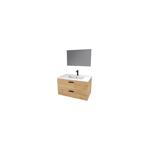 Meuble Salle De Bain 80 Cm Monte Suspendu Decor Bois H46xl80xp45cm - Avec Tiroirs - Vasque Et Miroir