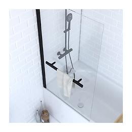Pare Baignoire Pivotant 150x85 Profile Aluminium Noir Mat Avec Verre Transparent Et Porte Serviette