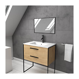 Ensemble Meuble De Salle De Bain - Chêne Naturel Avec Pieds Style Industriel - 2 Tiroirs - Mirroir