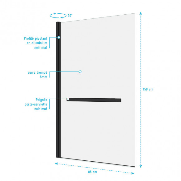 Pare Baignoire Pivotant 150x85 Profile Aluminium Noir Mat Avec Verre Transparent Et Porte Serviette