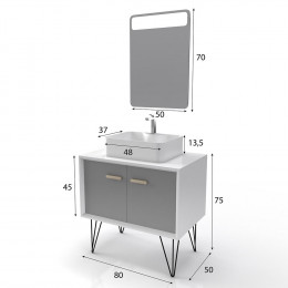 Meuble Salle De Bain Scandinave Blanc Et Gris 80 Cm Sur Pieds - Portes Vasque A Poser + Miroir Led