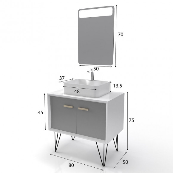 Meuble Salle De Bain Scandinave Blanc Et Gris 80 Cm Sur Pieds - Portes Vasque A Poser + Miroir Led