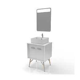Meuble Salle De Bain Scandinave Blanc 60 Cm Sur Pieds Avec Portes, Vasque A Poser Et Miroir Led