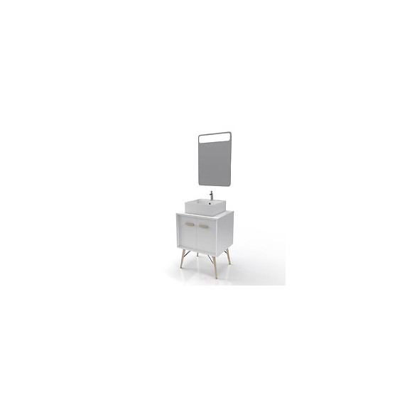 Meuble Salle De Bain Scandinave Blanc 60 Cm Sur Pieds Avec Portes, Vasque A Poser Et Miroir Led