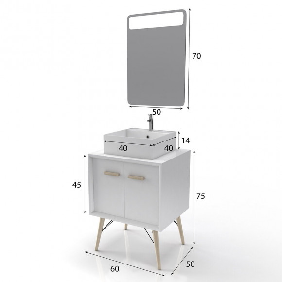 Meuble Salle De Bain Scandinave Blanc 60 Cm Sur Pieds Avec Portes, Vasque A Poser Et Miroir Led