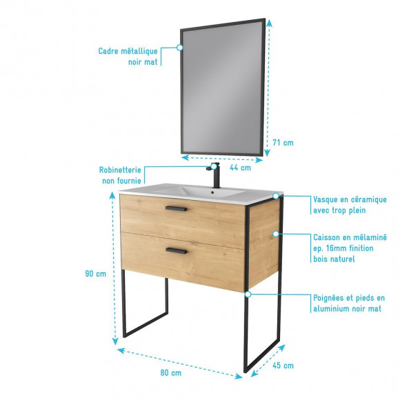 Ensemble Meuble De Salle De Bain 80x45cm Style Industriel Couleur Chene Naturel - Vasque Blanche