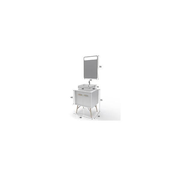 Meuble Salle De Bain Scandinave Blanc 60 Cm Sur Pieds Avec Portes, Vasque A Poser Et Miroir Led