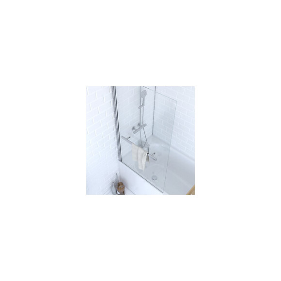 Pare Baignoire Pivotant 150x85cm Profile Aluminium Chrome Avec Verre Transparent Et Porte Serviette
