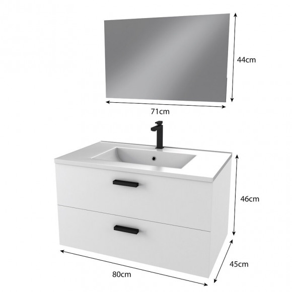 Meuble Salle De Bain 80 Cm Monte Suspendu Blanc H46xl80xp45cm - Avec Tiroirs - Vasque Et Miroir