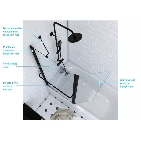 Pare Baignoire Avec Volet Pivotant 130x105cm Profile Aluminium Noir Mat Et Verre Transparent
