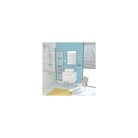 Meuble Salle De Bain Scandinave Blanc 60 Cm Sur Pieds Avec Portes, Vasque A Poser Et Miroir Led