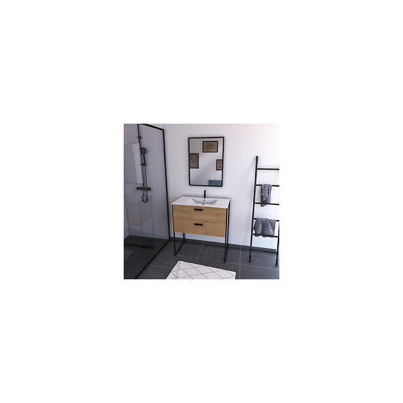 Ensemble Meuble De Salle De Bain 80x45cm Style Industriel Couleur Chene Naturel - Vasque Blanche