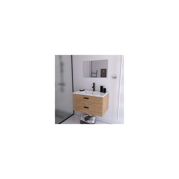 Meuble Salle De Bain 80 Cm Monte Suspendu Decor Bois H46xl80xp45cm - Avec Tiroirs - Vasque Et Miroir