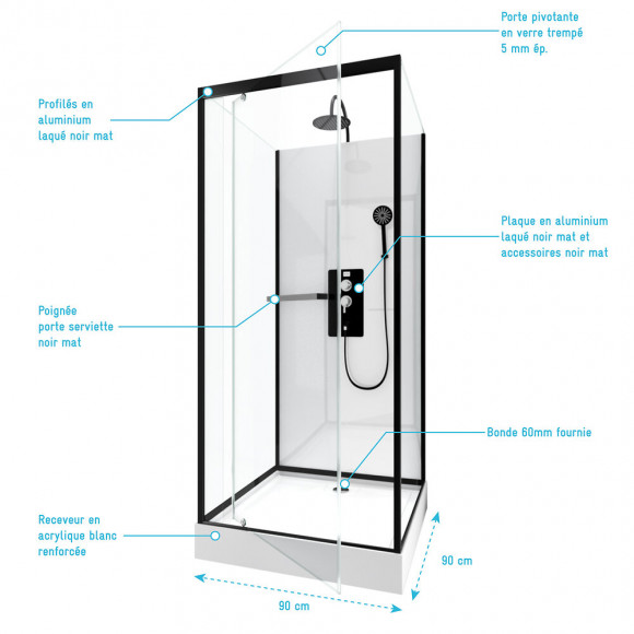 Cabine De Douche Carrée 90x90x230cm - Extra Blanc Et Profilé Noir Mat - Lunar Square 90