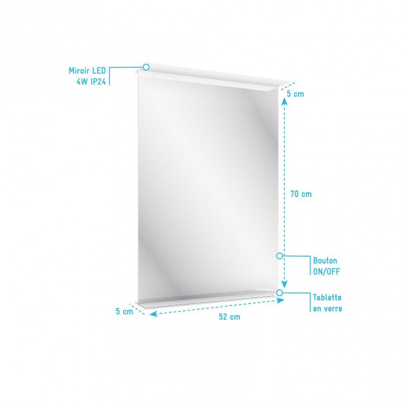 Miroir Salle De Bain 52x70x5cm Avec Éclairage Led Et Étagère