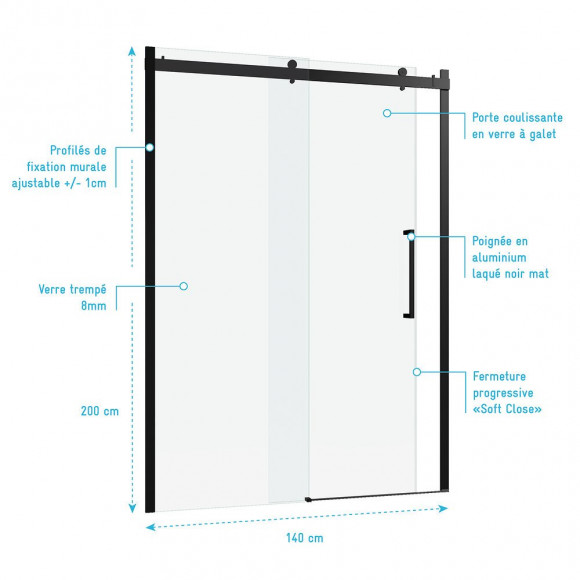Paroi Porte De Douche 140x200cm Type Industriel Coulissante Noir Mat - Verre Trempe 8mm