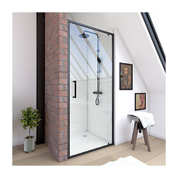 Paroi Porte De Douche A Porte Pivotante - Dim: 90x200cm - Profile Noir Mat - Verre Transparent 6mm