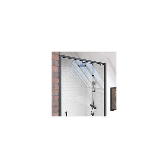 Paroi Porte De Douche A Porte Pivotante - Dim: 90x200cm - Profile Noir Mat - Verre Transparent 6mm