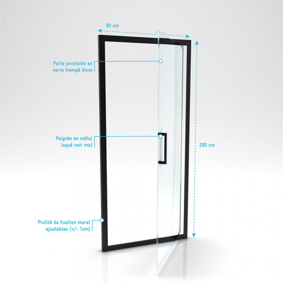 Paroi Porte De Douche A Porte Pivotante - Dim: 90x200cm - Profile Noir Mat - Verre Transparent 6mm