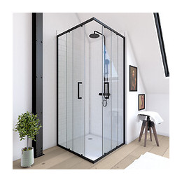 Paroi Porte De Douche Carree - 90x90x200 Cm- Profile Noir Mat - Verre Transparent 6mm