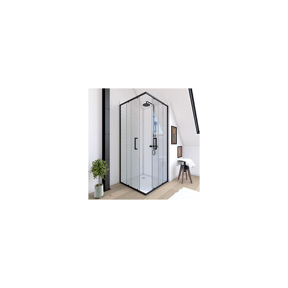 Paroi Porte De Douche Carree - 90x90x200 Cm- Profile Noir Mat - Verre Transparent 6mm