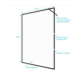 Paroi De Douche A L'italienne 140x200 Verre Trempe 6mm -cadre + Barre De Fixation Ajustable Noir Mat