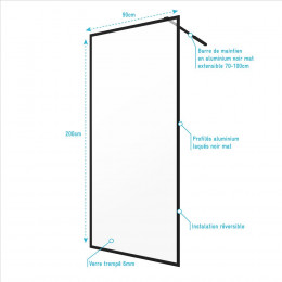 Paroi De Douche A L'italienne 90x200 Cm - Cadre + Barre De Fixation Ajustable Noir Mat