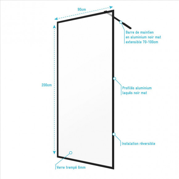 Paroi De Douche A L'italienne 90x200 Cm - Cadre + Barre De Fixation Ajustable Noir Mat
