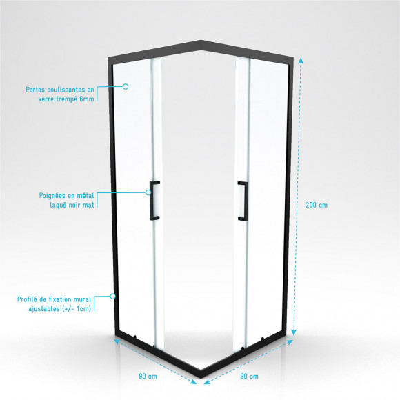 Paroi Porte De Douche Carree - 90x90x200 Cm- Profile Noir Mat - Verre Transparent 6mm
